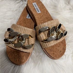 Steve Madden Beige Woven Slide Sandals with Gold Chain Accent